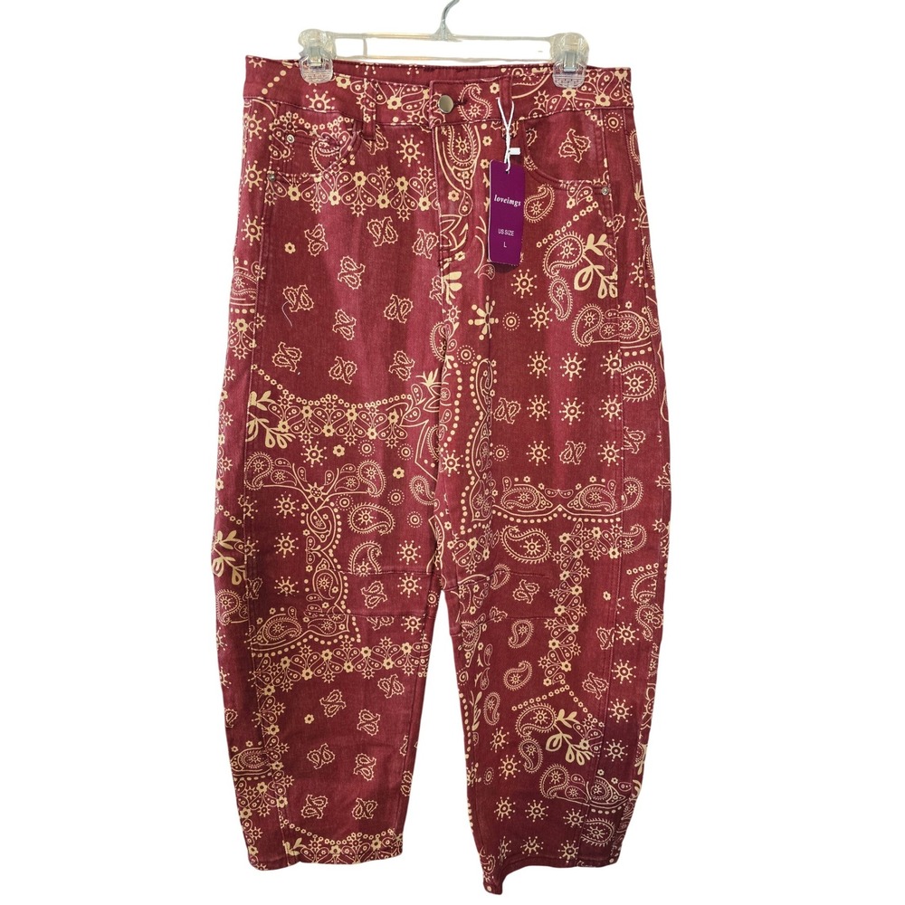 Loveimgs Burgundy Bandana Paisley Print Barrel Jeans High Waist distressed L